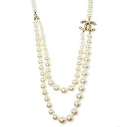 Pre Owned Chanel Pale Gold Tone Faux Pearl CC Layered Necklace
