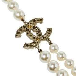 Pre Owned Chanel Pale Gold Tone Faux Pearl CC Layered Necklace