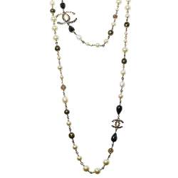 Pre Owned Chanel Gold Tone Black Enamel Crystal CC Charm Necklace