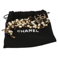 Pre Owned Chanel Gold Tone Black Enamel Crystal CC Charm Necklace