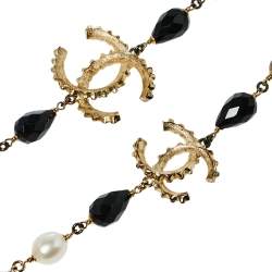 Pre Owned Chanel Gold Tone Black Enamel Crystal CC Charm Necklace