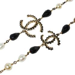 Pre Owned Chanel Gold Tone Black Enamel Crystal CC Charm Necklace