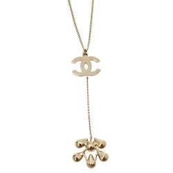 Chanel Gold Tone Faux Pearl and Crystal CC Drop Necklace