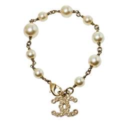 Chanel Gold Tone Metal Faux Pearl CC Logo Charm Bracelet Chanel