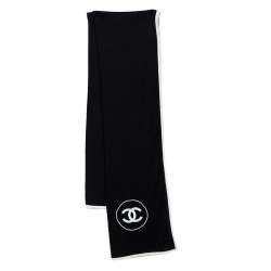 Chanel Black & Ivory CC Logo Embroidered Cashmere & Silk Knit Scarf Chanel