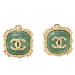 Chanel CC Green Gripoix Gold Tone Clip On Earrings Chanel