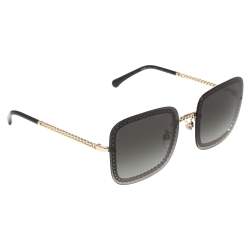 CHANEL Acetate Metal Calfskin Square Chain Sunglasses 5210-Q Black Gray  1281746