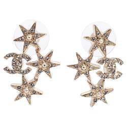 Pre Owned Chanel Pale Gold Tone Crystal CC Star Stud Earrings