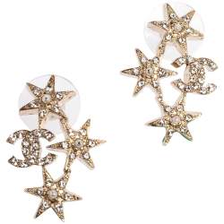 Pre Owned Chanel Pale Gold Tone Crystal CC Star Stud Earrings