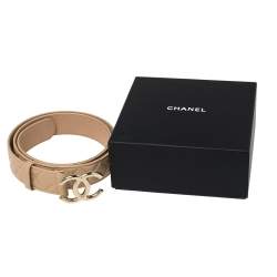 Pre Owned Chanel Beige Quilted Leather CC Buckle Belt 100CM