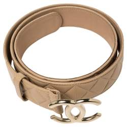 Pre Owned Chanel Beige Quilted Leather CC Buckle Belt 100CM