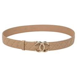 Pre Owned Chanel Beige Quilted Leather CC Buckle Belt 100CM