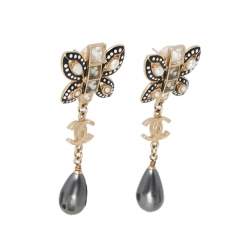 مملوكة مسبقًا أقراط متدليه شانيل فراشه معدن ذهبي اللون ولؤلؤ صناعي وكريستال 