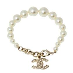 Pre Owned Chanel Cream Faux Pearl & Crystal CC Charm Gold Tone Bracelet