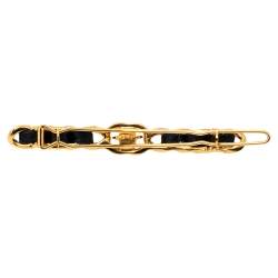 Chanel Gold Tone Black Leather Detail Turnlock Barrette