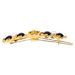 Chanel Gold Tone Black Leather Detail Turnlock Barrette