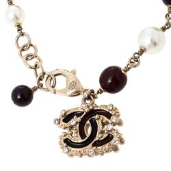 Pre Owned Chanel Pale Gold Tone Burgundy & Cream Beaded CC Charm Bracelet