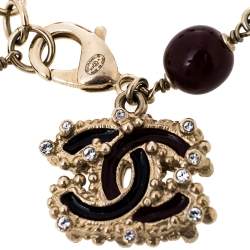 Pre Owned Chanel Pale Gold Tone Burgundy & Cream Beaded CC Charm Bracelet