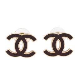 مملوكة مسبقًا Chanel Gold Tone and Oxblood Leather CC Stud Earrings 