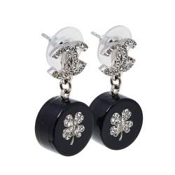 Chanel Silver Tone Crystal Clover Drop Earrings