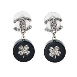 Chanel Silver Tone Crystal Clover Drop Earrings