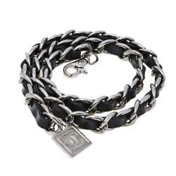 Chanel Black Leather CC Charm Silver Tone Chain Belt