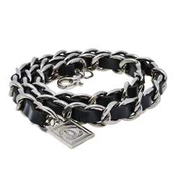 Chanel Black Leather CC Charm Silver Tone Chain Belt