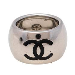 Chanel Black Resin Silver Tone Heart CC Logo Ring Size 55