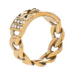 Chanel Gold Tone CC Crystal Textured Chain Link Band Ring Size EU 53