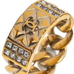 Chanel Gold Tone CC Crystal Textured Chain Link Band Ring Size EU 53