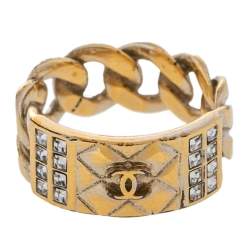 Chanel Gold Tone CC Crystal Textured Chain Link Band Ring Size EU 53