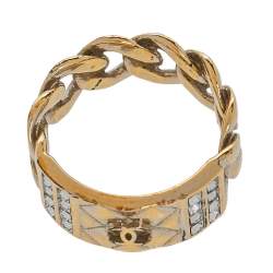 Chanel Gold Tone CC Crystal Textured Chain Link Band Ring Size EU 53