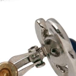 Pre Owned Chanel Silver Tone Blue Enamel CC Faux Pearl Drop Clip-on Earrings