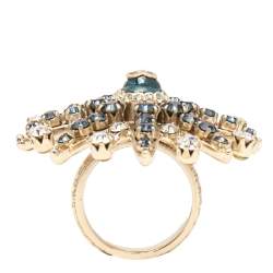 Chanel Pale Gold Tone Crystal Embellished CC Starburst Ring Size EU 53