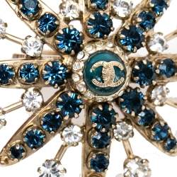 Chanel Pale Gold Tone Crystal Embellished CC Starburst Ring Size EU 53