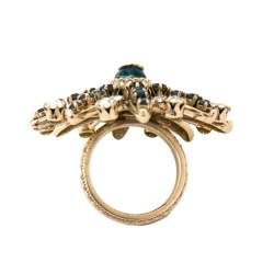 Chanel Pale Gold Tone Crystal Embellished CC Starburst Ring Size EU 53