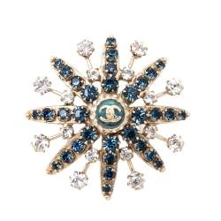 Chanel Pale Gold Tone Crystal Embellished CC Starburst Ring Size EU 53