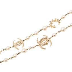 Pre Owned Chanel CC Crystal Faux Pearl Gold Tone Station Necklace 