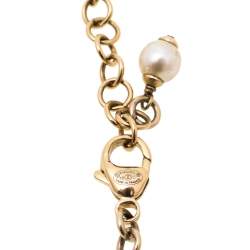 Pre Owned Chanel CC Crystal Faux Pearl Gold Tone Station Necklace 
