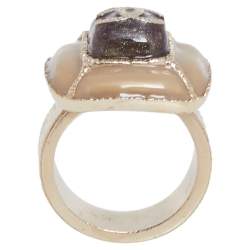 Pre Owned خاتم كوكتيل شانيل CC  إيناميل ومعدن ذهبي اللون مقاس أوروبي 53