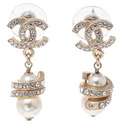 Chanel Gold Tone Crystal CC Pearl Drop Earrings Chanel