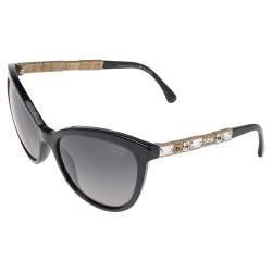 Pre Owned Chanel Black/Black Polarized Baguette Crystal 5307-B Bijou Cat Eye Sunglasses