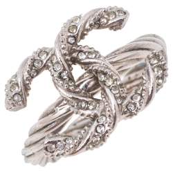 Chanel Pale Silver Tone Crystal Twist CC Ring 