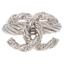 Chanel Pale Silver Tone Crystal Twist CC Ring 