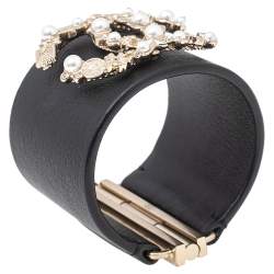 Chanel Black Leather Pale Gold Tone Embellished Logo Cuff Bracelet