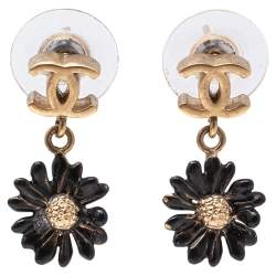 Pre Owned Chanel CC Gold Tone Black Enamel Daisy Drop Earrings
