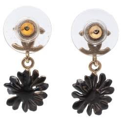 Pre Owned Chanel CC Gold Tone Black Enamel Daisy Drop Earrings