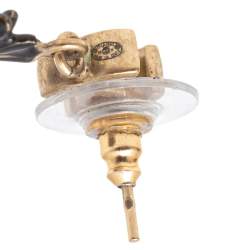 Pre Owned Chanel CC Gold Tone Black Enamel Daisy Drop Earrings