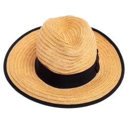 Pre Owned Chanel Tan Straw CC Fedora Hat S