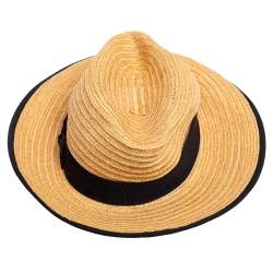 Pre Owned Chanel Tan Straw CC Fedora Hat S